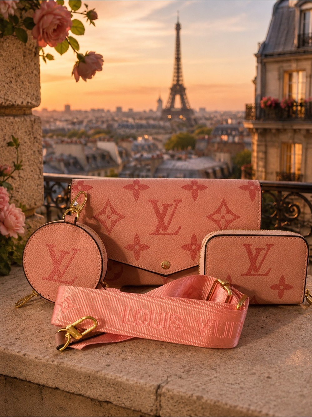 Inspired Pink Monogram Crossbody Set
